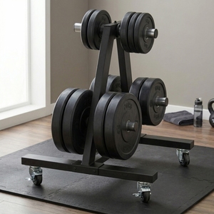 Modern Durable Cast Iron & Metal Stable A-frame Rolling Foldable Bumper <b>Plate</b> <b>Rack</b> with Wheels Commercial Gym Equipment Storage - Product Image 2