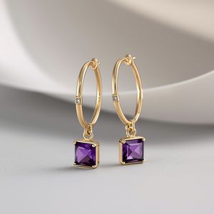 Pendientes de Aro con Gema Cuadrada de Oro Sólido de 18K, Color Rojo y Morado, Joyería Fina, Pendientes Elegantes de Lujo para Mujer - Product Image 2