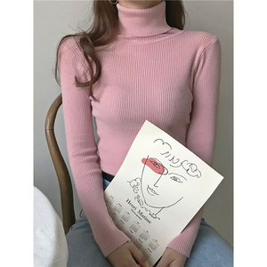 ZOKI 2023 Women's Pullover Turtleneck Sweater Autumn Long Sleeve Slim Elastic Korean Basic Jumper Solid Pink One Size New Cheap - Product Image 1