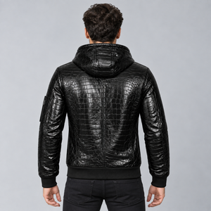 Veste d'hiver pour homme en cuir noir gaufré façon croco et toile, style détachable, fermeture éclair intégrale, poignets côtelés, taille ajustable, poches utilitaires sur les bras - Product Image 4