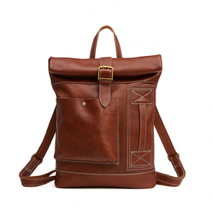 Genuine <b>Leather</b> Roll Top <b>Backpack</b> with Buckle Closure and <b>Laptop</b> Compartment Unisex Retro Style Shoulder Straps Detachable - Product Image 4
