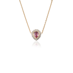 Collier pendentif solitaire en forme de poire avec halo de saphir rose et diamants de qualité supérieure, bijoux empilables pierre de naissance en or jaune véritable 18 carats - Product Image 3