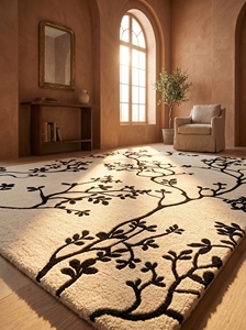 Alfombra de Lana Tufted Hecha a Mano con Diseño Floral, Alfombra Moderna en Blanco y Negro con Motivos Botánicos para Sala de Estar, Decoración de Hotel - Product Image 6