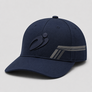 Navy Blue 6 Panel Baseball Cap with <b>Heat</b> Transfer Logo and Stripes - Product Image 1