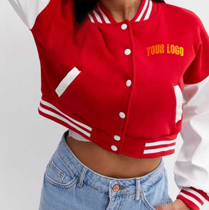 Red Cropped Varsity <b>Jacket</b> <b>Women</b> Short Sleeve Turn-<b>down</b> Collar Solid Color Logo Printed Sport Streetwear Apparel - Product Image 4