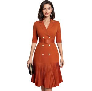Vestido Ajustado Naranja con Falda Plisada, Manga de Pétalo, Botones al Frente, Casual, Natural, Transpirable, Ecológico, Largo hasta la Rodilla, Color Sólido - Product Image 4