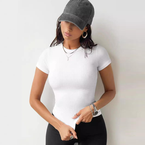 Crop top marron pour femme, manches courtes, col rond, coupe ajustée, tricoté en coton et élasthanne, décontracté, printemps-été, couleur unie - Product Image 6