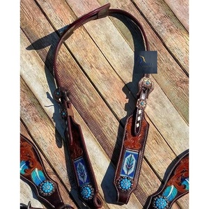 Ensemble de têtière et de collier de poitrine pour cheval en cuir marron, à une oreille, avec conchos perlés et fleurs turquoise gravées, équipement de style western - Product Image 3