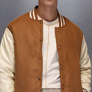 Veste varsity en daim marron pour homme avec manches crème, col rabattu, fermeture boutonnée, vêtement décontracté pour l'automne - Product Image 5