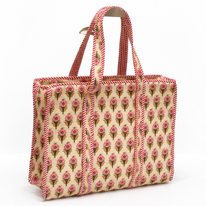 Bolso Tote Plegable de Algodón Acolchado con Diseño Floral Hecho a Mano, Bolso de Hombro de Gran Capacidad con Estampado Étnico Indio de Primera Calidad - Product Image 1