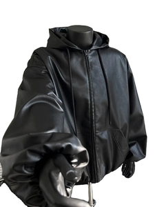 Chaqueta de invierno informal coreana para hombre, abrigo corto de cuero sintético negro con capucha y cremallera, ropa suelta, suave y cálida. - Product Image 4