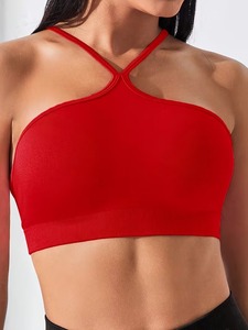 Female High Neck Keyhole Halter Gym Bra Ribbed Elastic Underband Wireless Fitness <b>Crop</b> <b>Top</b> Bulk Order Apparel Manufacturer - Product Image 1