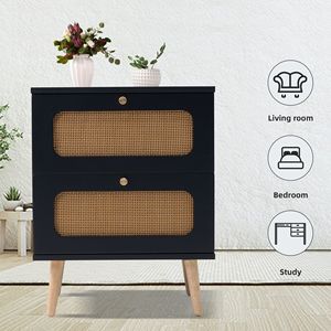 2-Drawer Handmade Rattan Nightstand End Table with Decorative <b>Side</b> Table Drawers for Bedroom or Living Room - Product Image 2