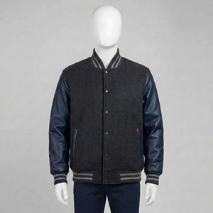 Veste universitaire en laine gris foncé pour homme avec manches en cuir, col rabattu, fermeture éclair, vêtement décontracté pour l'automne - Product Image 5