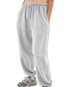 Pantalones Harem de Forro Polar Gris Claro para Mujer, Corte Holgado, Casuales, Cintura Elástica, Largos, con Bolsillos - Product Image 1