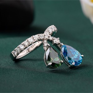 Fancy Vivid Blue <b>Green</b> Pear Cut Lab Grown Diamond <b>Ring</b> with Prong Setting 14K Gold Rare Color Statement - Product Image 2