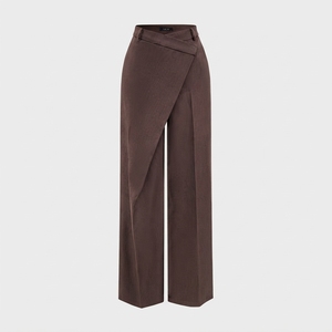 Pantalon en laine taille haute coupe droite, plissé devant, fermeture boutonnée, couleur unie, formel, longueur complète, coupe classique, pour l'automne - Product Image 1