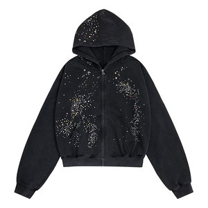เสื้อฮู้ดดี้ซิปแบบโอเวอร์ไซส์สีดำประดับเพชรเทียม ยูนิเซ็กซ์ ผ้าเฟรนช์เทอร์รี่ สำหรับใส่ในฤดูใบไม้ร่วง ลายดาว แขนปกติ ผลิตในปากีสถาน - Product Image 1