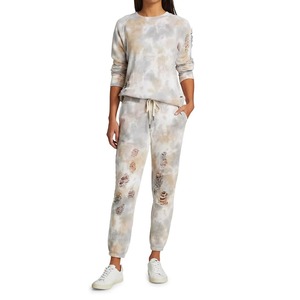 Sweat-shirt tie-dye vieilli beige gris marbré déchiré et usé pour femme, col rond, style vintage streetwear, coton, personnalisable OEM - Product Image 3