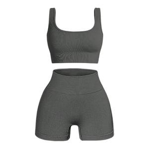 Ensemble de vêtements de sport pour femmes, 2 pièces, côtelé, haut court sans manches, short taille haute, respirant, antistatique, coupe ajustée, toutes saisons - Product Image 4
