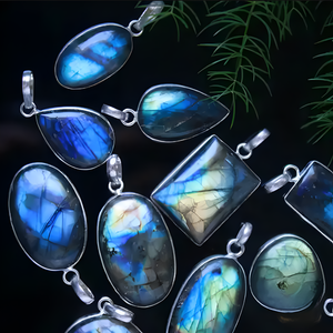 Bijoux en argent plaqué avec serti en labradorite artisanal |   Feu Naturel Multi-Éclats |   Taille 25-30 mm |   Photographie de produits élégante | - Product Image 4