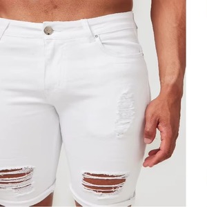 Shorts en jean blanc pour homme, taille mi-haute, coupe droite, déchirés, en coton, décontractés, d'été, tricotés, respirants, écologiques - Product Image 3