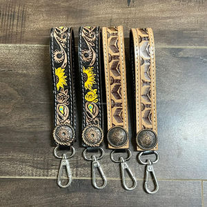 Vintage Travel Hand <b>Tooled</b> Genuine <b>Leather</b> Sunflower Leaf Design Metal Concho Multi Color Safety Keychain With Wristlet Strap - Product Image 4