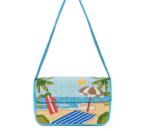 Sac à main tendance à motifs de plage perlés, forme rectangulaire, broderie en coton, poignée rouge, fond bleu, motif parapluie soleil - Product Image 6