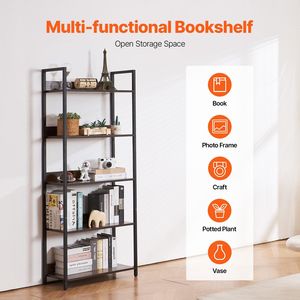 5-Tier Tall Industrial Metal <b>Bookshelf</b> <b>Rustic</b> Vintage Display Bookcase with Open Shelves Freestanding Freestanding Display Rack - Product Image 3