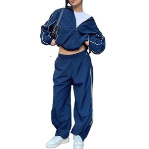 Women's Navy Blue Sporty Tracksuit <b>Set</b> With Hooded Crop Top And Side Stripe Joggers Loose Fit All Seasons Wear - Product Image 1