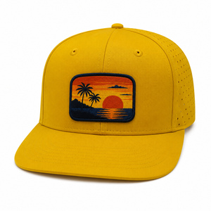 Wholesale Top Quality Blank Yellow 5 Panel <b>Flat</b> Bill Perforated Trucker <b>Cap</b> Custom Sunset Embroidery Patch Snapback Hat For <b>Men</b> - Product Image 2