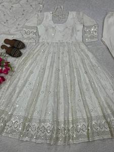 <b>White</b> Georgette Sequence Embroidery Anarkali <b>Suit</b> Set Stitched Full Sleeves Long Gown <b>Trouser</b> Dupatta Ethnic Dress For <b>Women</b> - Product Image 5