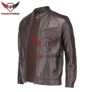 Chaqueta de Cuero Genuino Marrón para Hombre, Corte Ajustado, Estilo Motero, Cafe Racer, de Piel de Vacuno, con Bolsillos con Cremallera, Clásica, Personalizada, Cálida para Invierno - Product Image 2