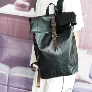 Ergonomic Leather <b>Roll</b> Top <b>Backpack</b> S-Curve Shoulder Straps Rucksack For Comfort Large Travel Bag LRTB-0155C - Product Image 2