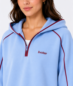 Sweat-shirt à capuche court pour femme, hiver, bleu ciel uni, fermeture demi-zip, en molleton de coton doux, décontracté, long - Product Image 4