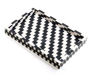 Plateau de service rectangulaire artisanal en bois incrusté, qualité commerciale, compatible lave-vaisselle, motif chevron bleu et blanc classique, MOP - Product Image 5