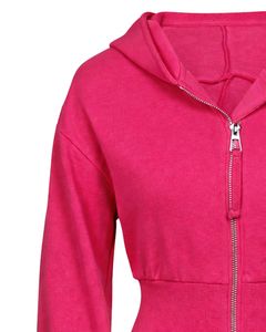 Womens Hot Pink <b>Cropped</b> <b>Zip</b> <b>Up</b> Hoodie Slim Fit Long Sleeve Casual Streetwear Cotton Fleece Sweatshirt Custom Logo ODM Factory - Product Image 3