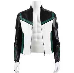 <b>Men's</b> <b>White</b> Green Genuine Leather Biker <b>Jacket</b> Stand Zipper Closure Slim Fit Regular Length Color Blocking Windproof Front - Product Image 1