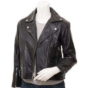 Custom Logo Design Ladies Biker Genuine Sheepskin Leather Jacket Waterproof Filled Breathable All Seasons Cotton Lined Plain - Product Image 1