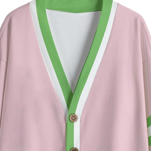 Cárdigan de punto de lana con cuello en V, color rosa salmón y verde manzana, para invierno, informal, con botones frontales y detalles de rayas, estilo hermandad. - Product Image 6