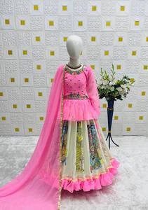 Lehenga Choli Tradicional para Niñas con Estampado Hecho a Mano, de Rayón, Largo hasta el Suelo, Corte Holgado, para Bodas y Fiestas, Estilo India-Pakistán - Product Image 2