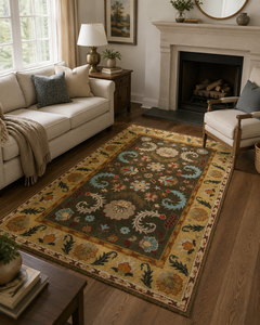 Alfombra de Lana Hecha a Mano con Diseño Floral Tradicional, Alfombra Decorativa para Sala de Estar y Dormitorio - Product Image 1