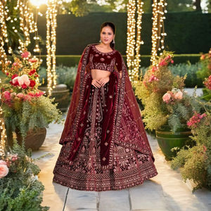 Lehenga Choli de Terciopelo de Lujo con Bordado a Mano Intrincado, Borde con Patrones Ricos y Dupatta Transparente con Detalles para Vestidos de Novia - Product Image 1