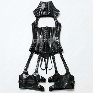 Underbust Gothic And Steampunk Black <b>PVC</b> Harness Bodysuit Corset - Product Image 4
