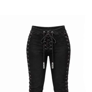 Women's <b>Black</b> Lace up <b>Trousers</b> <b>Skinny</b> <b>Fit</b> Breathable Mid Waist Jeans Side Lace Detail Pull on Casual Streetwear - Product Image 6