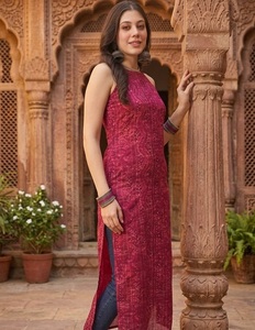 Leranath Fashion Pink <b>Embroidered</b> Indian Pakistani Top Sleeveless Halter Neck Long <b>Tunic</b> Dress Slit Casual Bandhani Print Cotton - Product Image 1