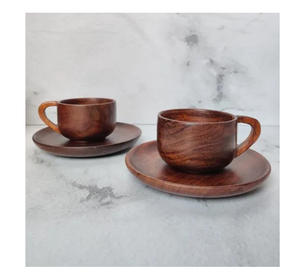 Brown Wooden 2 Pieces Tea <b>Cup</b> & Saucers <b>Set</b> Eco-Friendly Tea Serving Crafts Dishwasher Safe kitchenware Accessories - Product Image 1