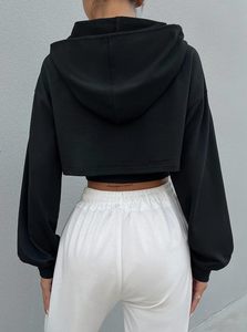 Sudadera Corta con Capucha Negra para Mujer, Manga Murciélago, Color Sólido, Diseño Asimétrico Oversize, Estilo Casual de Otoño - Product Image 2