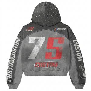Custom Heavyweight Men's Zip up Oversized Distressed Rhinestone Color Blocked Heavyweight Patchwork Cropped Boxy Hoodies for Men - Product Image 2