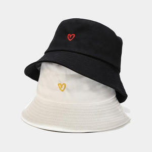 Unisex Black Bucket Hat With Red Heart Embroidery Casual Spring Summer Adult Canvas Cotton <b>Yarn</b> - Product Image 1